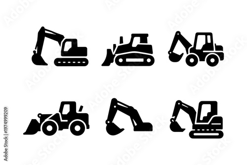 Construction machinery icons solid black icon set vector illustration