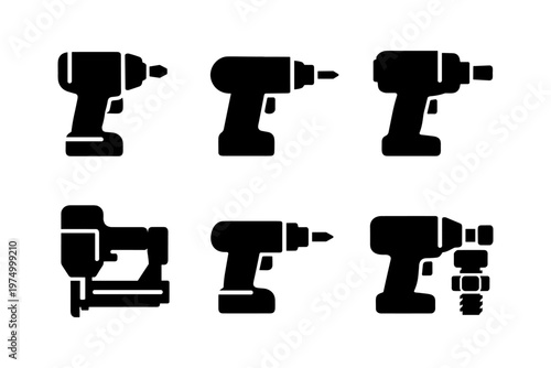 Power fastening tools icons solid black icon set vector illustration