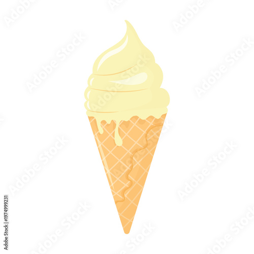 Vanilla soft serve ice cream in waffle cone. Summer dessert, vector illustration.