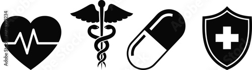 Medical healthcare icons set heart caduceus pill shield emergency protection symbols