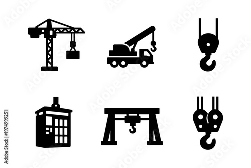 Crane lifting equipment icons solid black icon set vector illustration