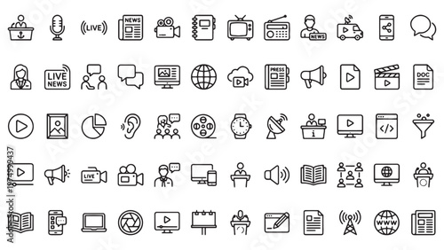 News and Broadcast Media Outline Icon Set for Journalism, Television Production App Interface and Entertainment Platform Design