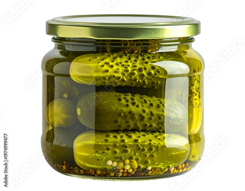 Glass jar filled with whole pickles, brine, and spices