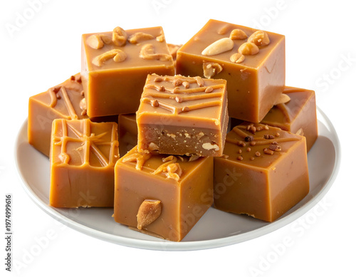 Square caramel candies, some topped with nuts & drizzled, arranged on a white plate