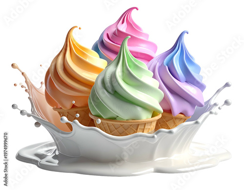 Swirls of colorful, creamy frozen desserts in cones, splashing in milk
