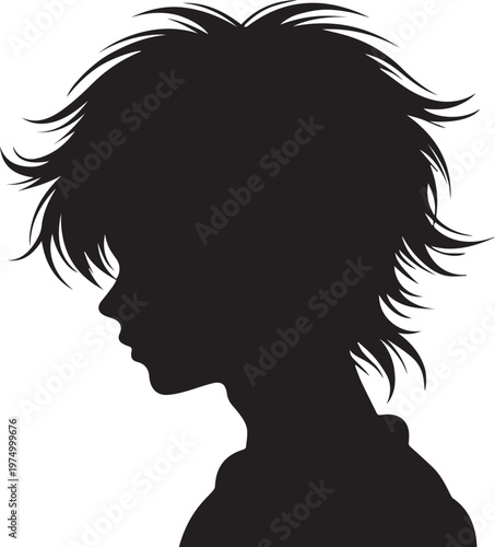 A black silhouette of a person with messy hair