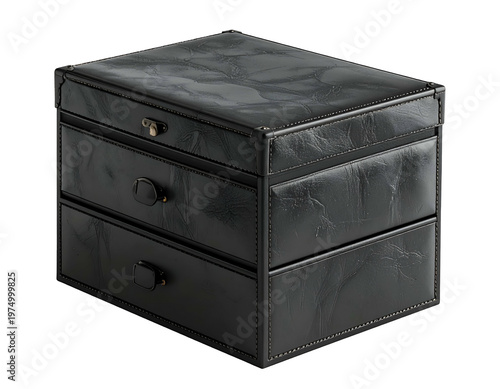 Luxurious black faux leather desktop organizer with three drawers and a small lock