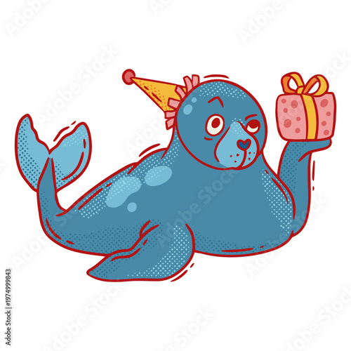 Seal in a birthday hat holding a gift