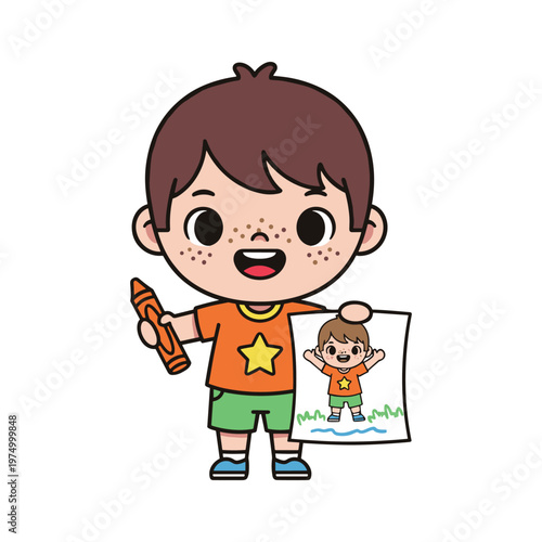 happy child holding pencil and drawing with friend vector illustration