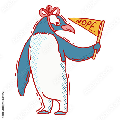 Penguin holding a flag with the word hope