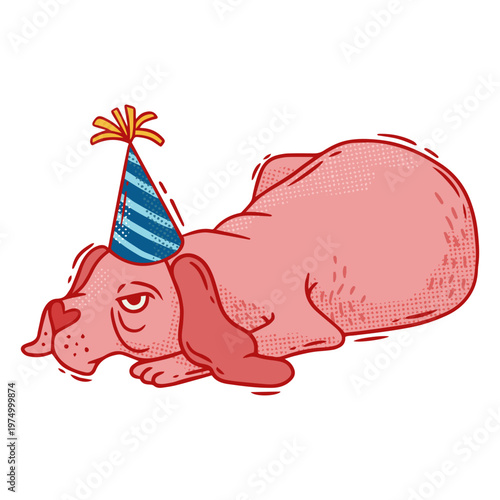 Dog with a party hat laying down