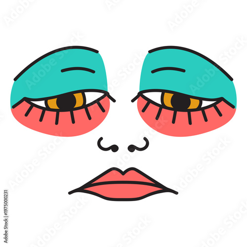 Black face with blue and pink eyes