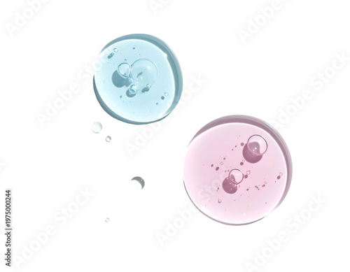 Top view of clear blue and pink liquids with bubbles, isolated on black