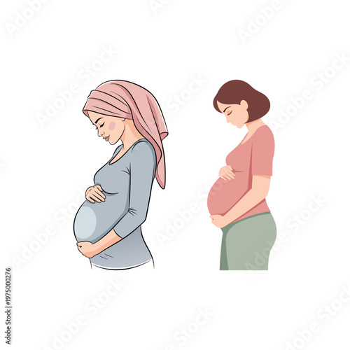 Pregnant woman wearing headscarf and another woman embracing motherhood and pregnancy with pregnant motherhood and pregnancy