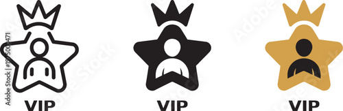 VIP user icon, crowned user silhouette in star shape, premium member badge symbol, elite status exclusive ranking vector illustration set