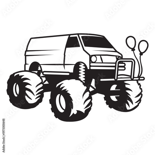 Black and white image of a monster truck