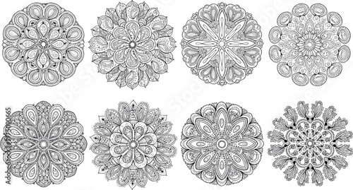 Intricate mandala ornament collection with floral geometric patterns black and white decorative vintage design set