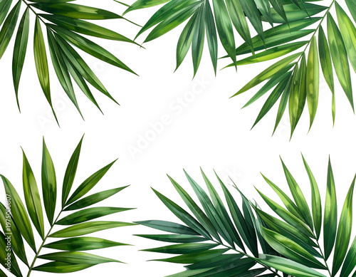 Lush green tropical palm fronds forming a decorative border on black