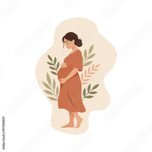 Pregnant woman in terracotta dress with foliage embracing motherhood and pregnancy pregnant motherhood and pregnancy