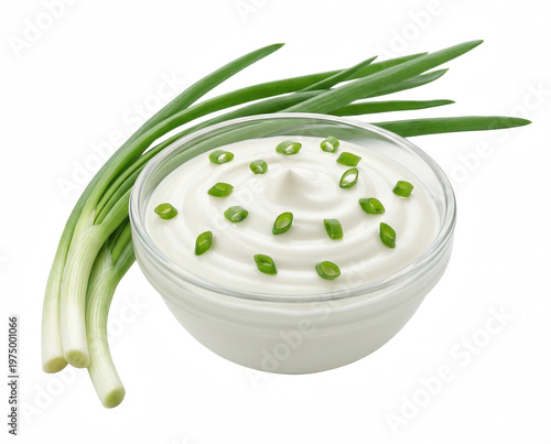 Foto Fresh Sour Cream Dip with Green Onion Slices and Stalks