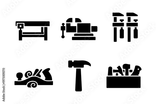 Woodworking workshop tools solid black icon set vector illustration