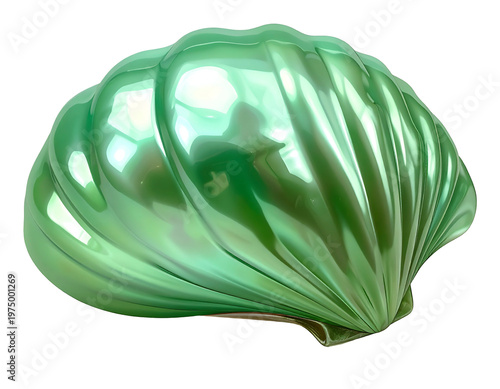 A lustrous, green, seashell with iridescent highlights and embossed, wavy details