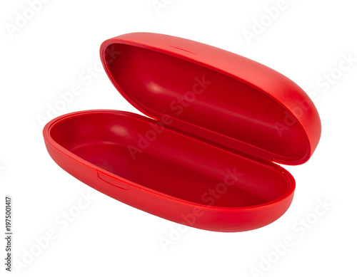 Open red oval hard-shell case for eyewear, isolated on black