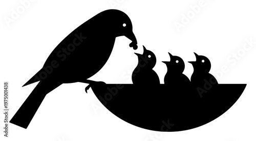 Bird feeding chicks in nest silhouette showing parental care and nature wildlife scene for nursery wall art or logo design projects representing motherhood and family bond.