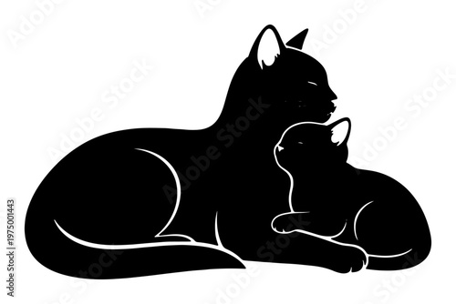 Black cat silhouette cuddling with small kitten in peaceful pose for nursery wall decoration or animal shelter logo design showing pure love and maternal feline instincts.