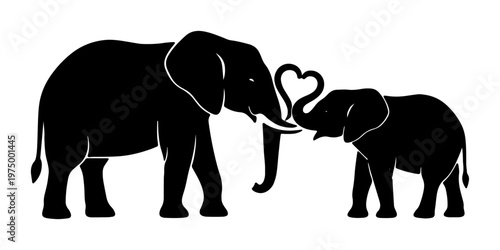 Elephant silhouette facing baby calf with trunks creating heart symbol for wildlife charity or safari park branding representing animal rights and motherly love in wild.