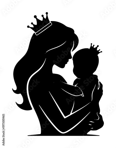 Regal black silhouette of a mother with a crown holding her baby, who also wears a crown, symbolizing a royal and cherished maternal bond.