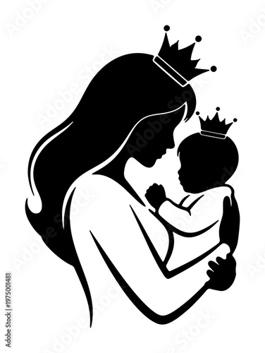 Black silhouette of a mother wearing a crown, embracing her baby who also wears a crown, a majestic representation of royal maternal love.