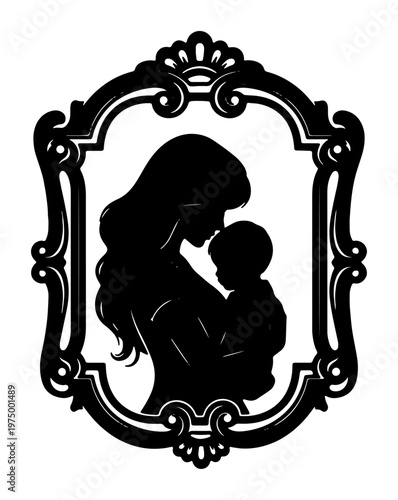 Elegant silhouette of mother holding baby tenderly within ornate decorative frame, symbolizing love, family, and nurturing bonds forever.