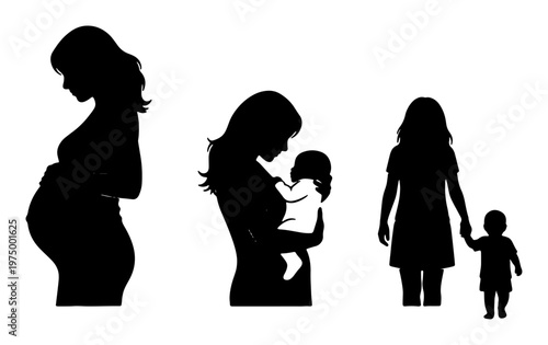 Collection of three silhouettes representing stages of motherhood from pregnancy to nursing newborn and walking with toddler showing journey of parenthood and family life.
