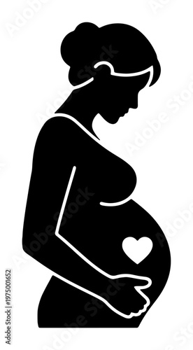 Pregnant woman silhouette holding her stomach with heart symbol on belly representing love and anticipation for unborn baby in a simple artistic graphic illustration style.