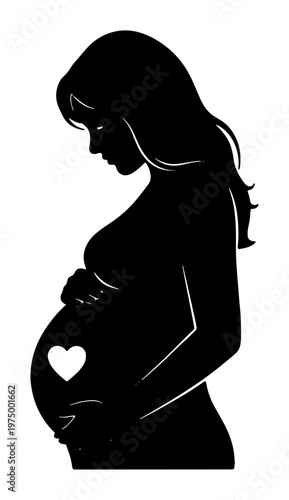 Pregnant woman silhouette standing profile view with hands on belly and heart shape showing expecting mother love and care for unborn baby.