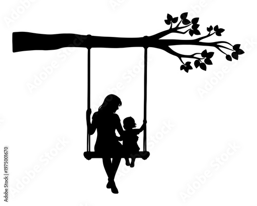 Mother and child silhouette on swing under tree branch enjoying playtime outdoors simple black and white illustration depicting family bonding and outdoor recreation fun.