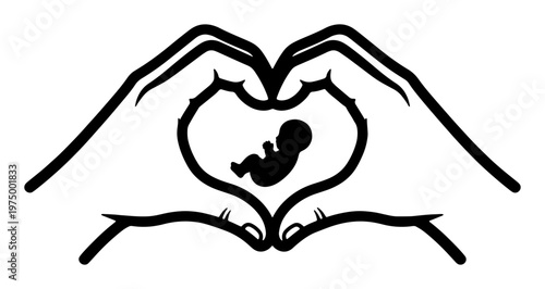Conceptual illustration of human hands forming heart shape around a tiny fetus silhouette representing life protection pregnancy care and beginning of human development.