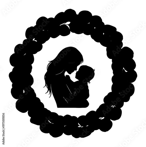 Mother and child silhouette embracing within chunky circular frame, representing unconditional love, strong family ties, and nurturing parental bond, artistic black and white graphic.