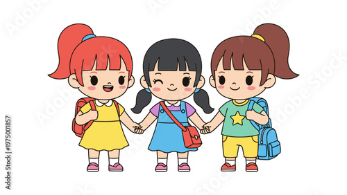 three happy schoolgirls holding hands walking to school vector illustration