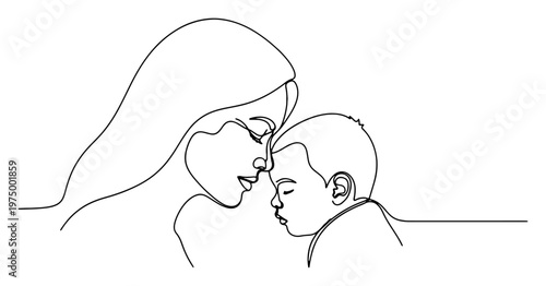 Minimalist single line drawing featuring mother and baby leaning into each other representing emotional intimacy peace and protective parenthood in elegant artistic style.