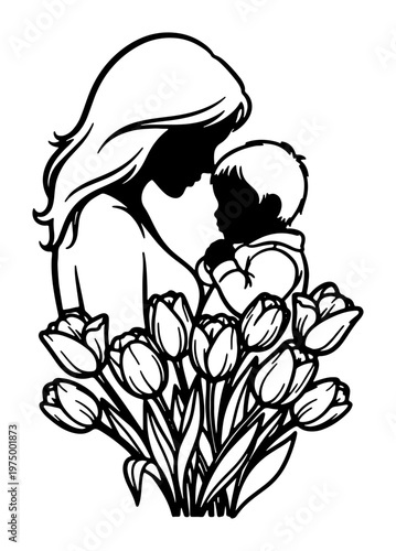 Mother holding baby tenderly with bouquet of tulips, conveying deep affection, family love, and parental care, classic silhouette art with gentle lines and soft imagery.