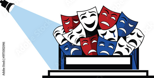 Theatrical masks in spotlight on stage with various emotions