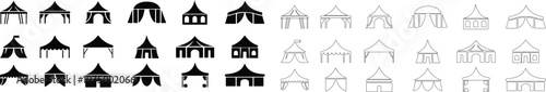 Event tent canopy pavilion icon set collection group in black red flat and line style vector illustration, camping shelter marquee gazebo awning symbol pack minimal outline design bundle