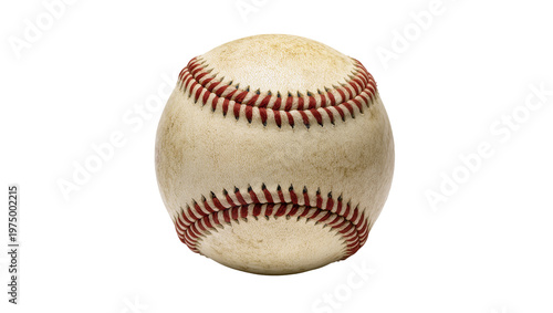 Фотография Isolated well-worn baseball with classic red stitching, showing age and character from play