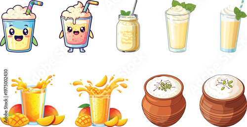Lassi Drink Vector Set – Mango Smoothies, Yogurt Drinks & Cute Cartoon Glasses