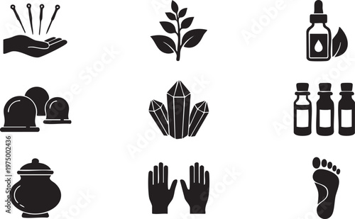 Diverse set of traditional and alternative healing icons representing natural wellness, holistic therapy, and self-care practices