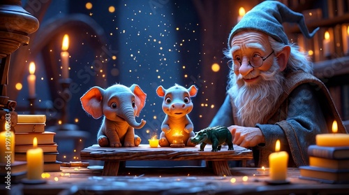 Cute Magical Animals with Wizard in Enchanted Candlelit Fantasy Scene