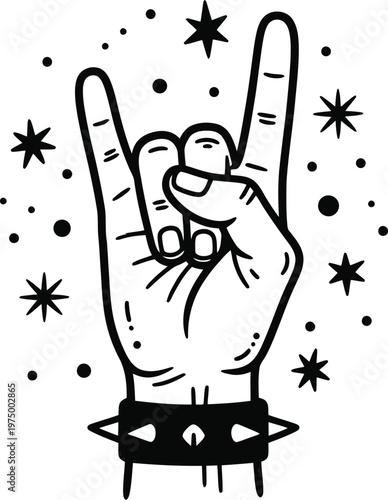 Black and white illustration of a hand making the rock on sign with stars