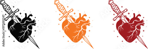 Three variations of a broken heart with a sword black orange and red tones